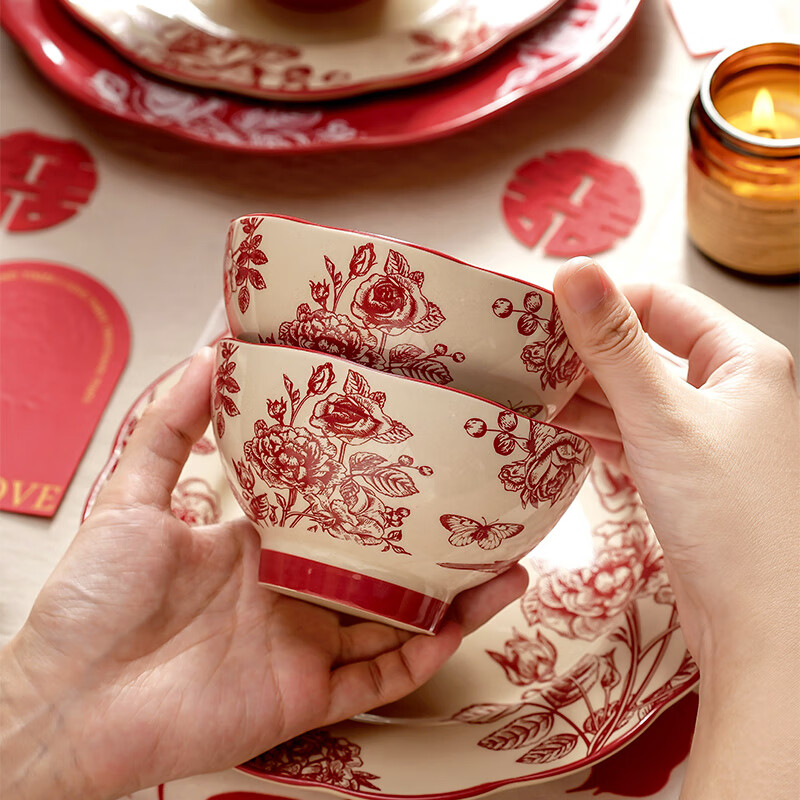 Guyou high-end dishes, tableware, ceramic wedding gifts for the bride, red bowls and dishes set, housewarming gift box