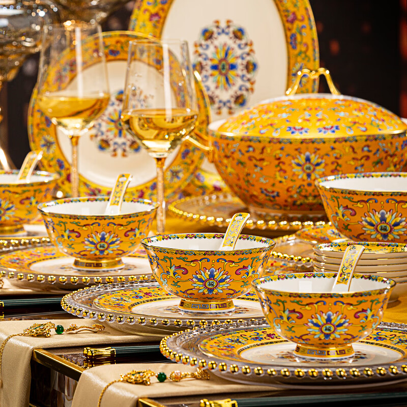 Miaoxun Jingdezhen high-end enamel colored bowls, plates, tableware and dishes set for household Chinese style tableware set for housewarming, national beauty and heavenly fragrance (no gold rim) - color box 40 pieces