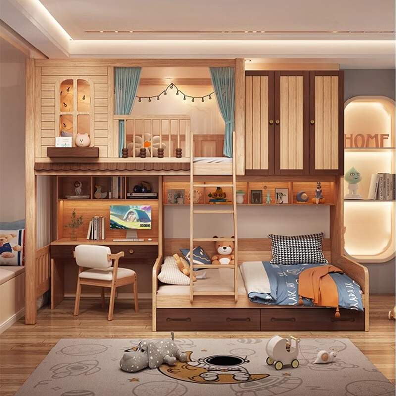Yiqi staggered bunk bed small apartment double bed bunk bed children's high and low beds do not disturb each other staggered bed upper and lower bed ladder cabinet + 0.8 desk + two door cabinet + high box upper bed 1.2*2 meters + lower bed 1.5*2 meters