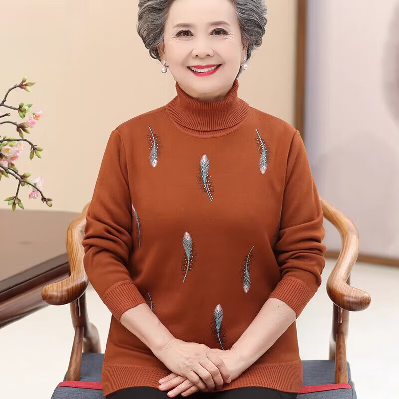 Pierre Cardin mother's winter velvet thickened sweater pullover bottoming shirt for middle-aged and elderly women's grandmother wear two lapel warm top 708 caramel color L recommended 95-105 pounds