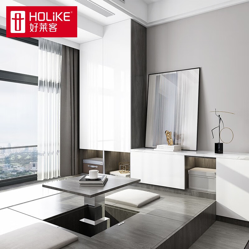 Haolaike smart tatami bed customization, light luxury paint mirror bedroom study, automatic lifting table bed plus cabinet desk cabinet combination, whole house furniture customization, urban image series, prepaid deposit