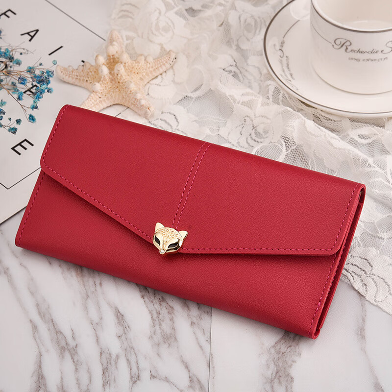 SHU GUO ER multi-color new women's fox long wallet soft surface three-fold contrasting color multi-card slot zipper coin purse 018 maroon
