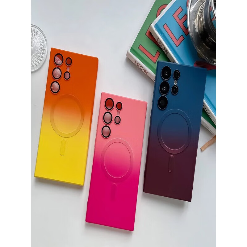 Suitable for Samsung s24ultra mobile phone case magnetic suction s23FE new two-color silicone anti-fall protective cover s22ultra frosted gradient s23u upgraded volume dustproof magnetic suction - gradient blue and red with lens film Samsung Galaxy S21