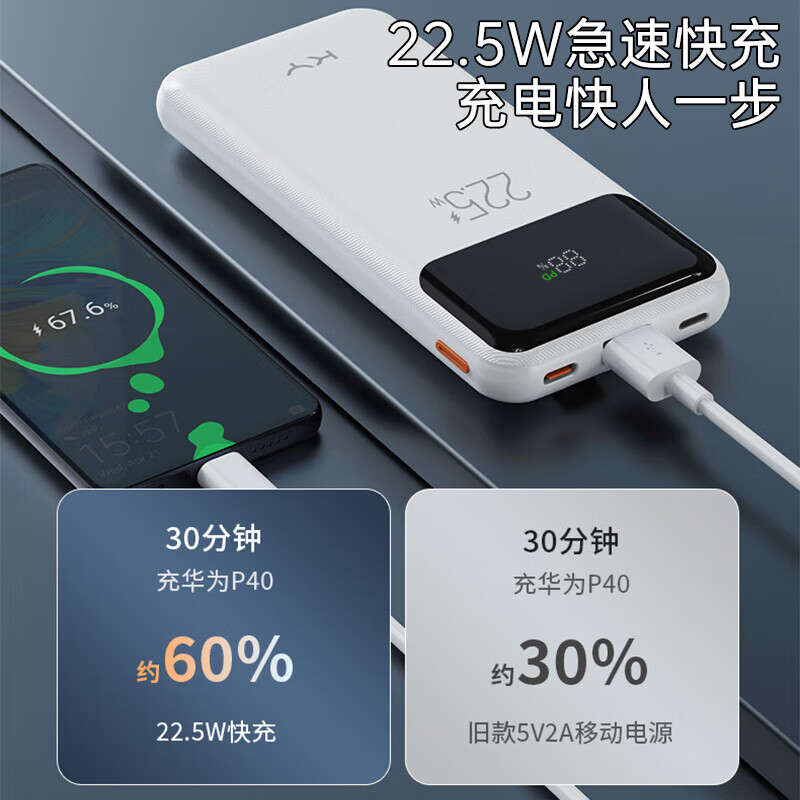 KY Kangyou 3C certified power bank 20000 mAh with built-in line 22.5W fast charging can be used on airplanes and high-speed rail portable power bank for Apple, Huawei, Xiaomi, white