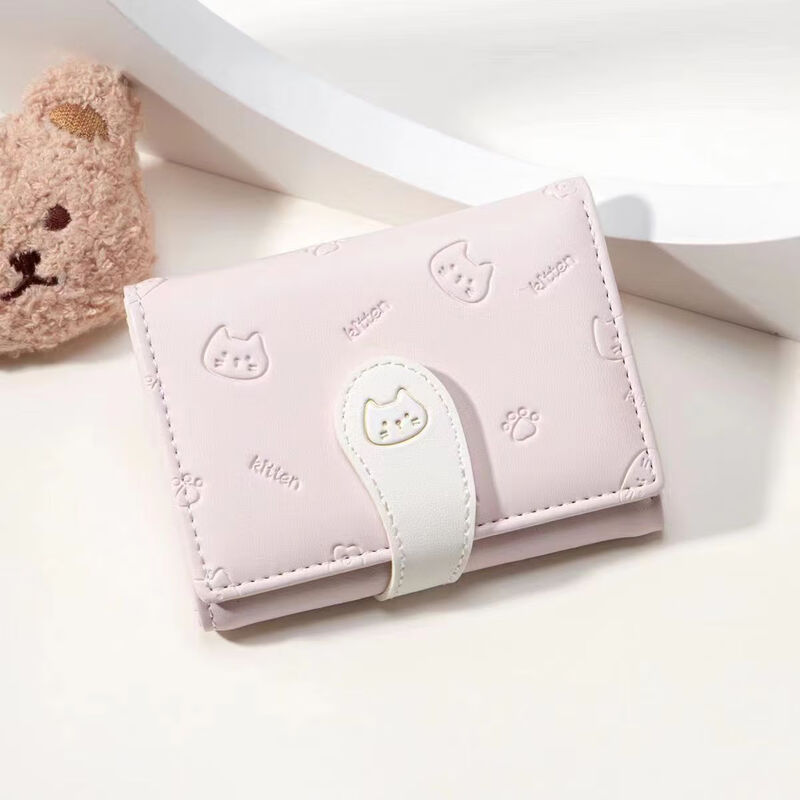 Miaoyijia Wallet Women's Coin Purse Card Holder Women's 2026 New Student Cute Fashion Folding Small Fresh Portable Short Cat Buckle Tri-fold Wallet Pink