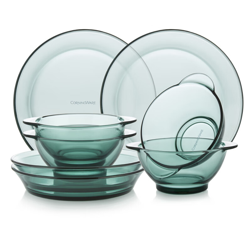 Corning tableware dish set lake green tableware 8-piece set heat-resistant glass rice bowl plate microwave safe