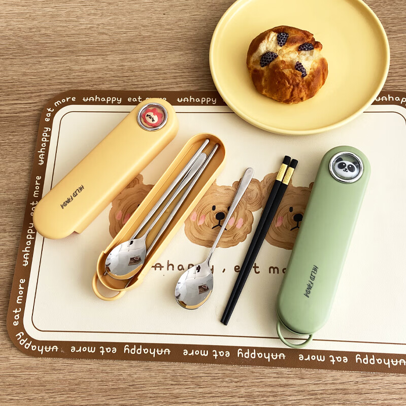 WORTHBUY 316 Stainless Steel Chopsticks and Spoons Cute Portable Tableware Three-piece Set Single Student Takeaway Storage Cutlery Box Hehe Xiong Mi White + 304 Chopsticks and Spoons 3-piece Set