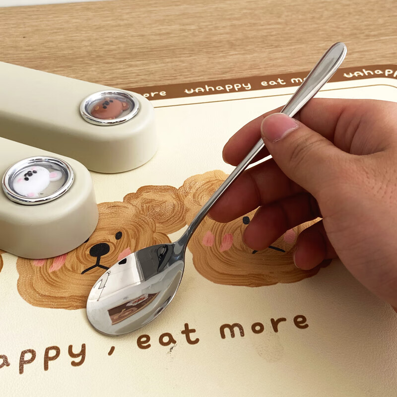 WORTHBUY 316 Stainless Steel Chopsticks and Spoons Cute Portable Tableware Three-piece Set Single Student Takeaway Storage Cutlery Box Hehe Xiong Mi White + 304 Chopsticks and Spoons 3-piece Set