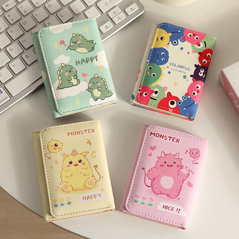 Mombos wallet for women, cute cartoon, fashionable folding card bag for men, ultra-thin multi-card slot storage, portable large-capacity student wallet, green little monster, enlargeable banknote/ID card, anti-degaussing model