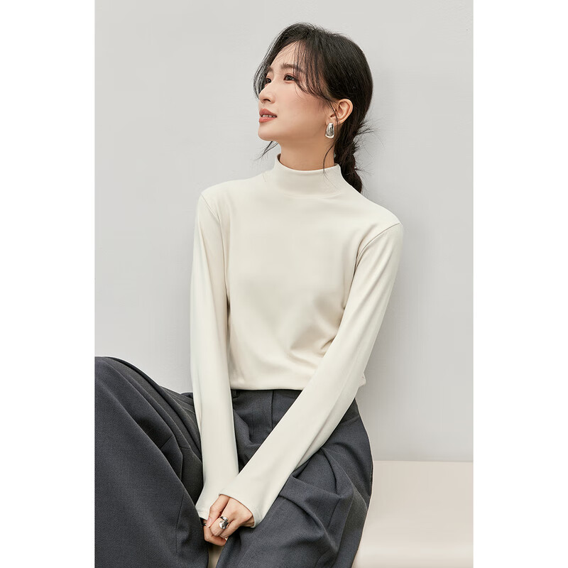 Shandubila's 24th winter new product warm coconut velvet semi-high stand-up collar bottoming shirt brushed T-shirt women's autumn and winter new inner top Milk Tea Apricot L