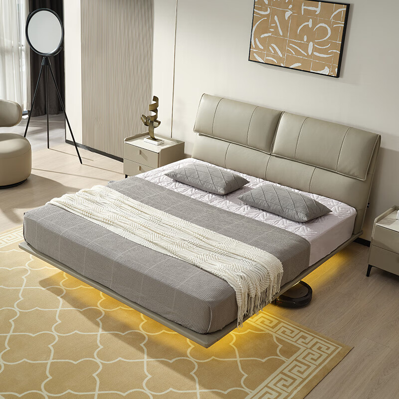 Mousse (de RUCCI) Leather Bed Suspended Bed Double Master Bedroom Queen Marriage Bed Dark Gray Suspended Bed-Light Strip Style 1.8*2m