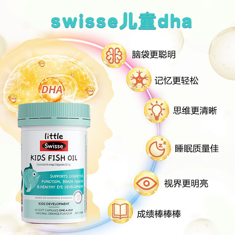 Swisse children's dha brain supplement, enhances memory and concentration, 6-12-18 years old, improves concentration, improves attention, lacks concentration, and is a high-level student pack, 60 capsules * 2 bottles