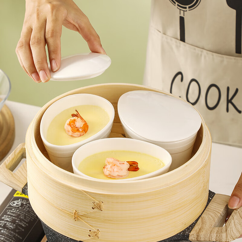 Muziqiu ceramic steaming bowl with lid, baby stew pot, small steaming cup, water-proof steamed egg, steamed rice, stewed egg, steamed egg custard special bowl, egg-shaped high-temperature ceramic bowl * 3 pieces