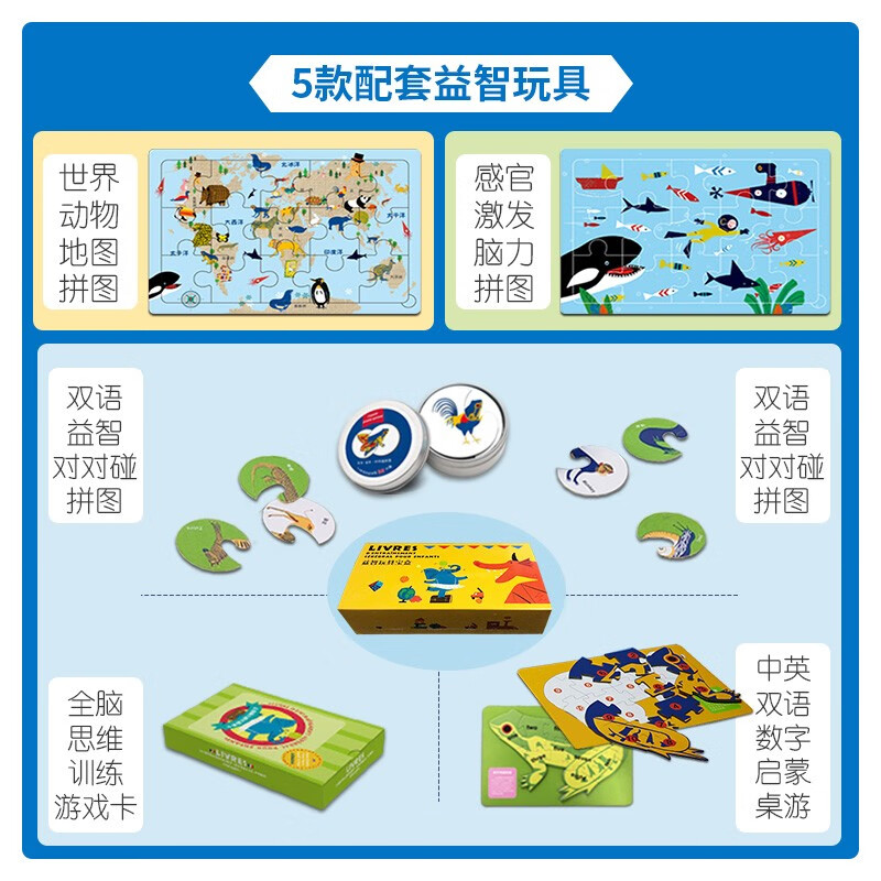 French Brain Box Mechanical Picture Book (5 volumes for beginners in gift box) 0-3 years old, children's language and thinking potential training, infant and toddler early education toy book