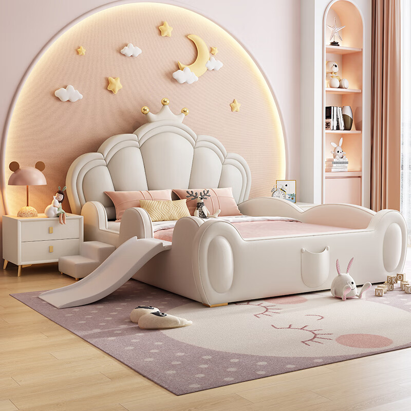 Children's bed girl princess bed with guardrail slide solid wood single dream girl creative pink girl crown bed children's bed color please note 1500mm*2000mm