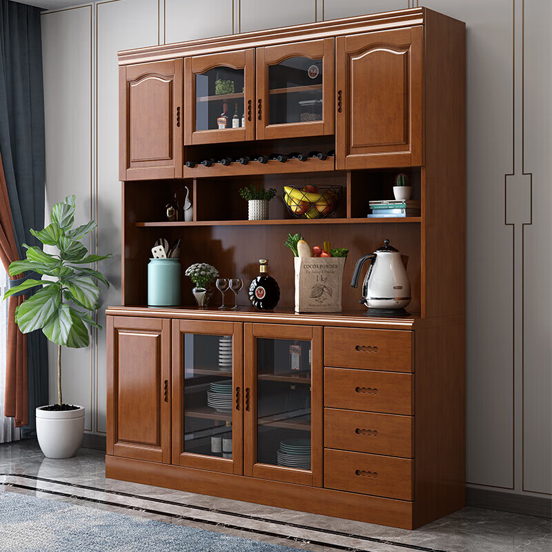 Dizhu solid wood wine cabinet and sideboard integrated wall-mounted small apartment living room glass door tall multi-functional wine rack storage cabinet 1.4 meters long 140x42x200cm walnut color
