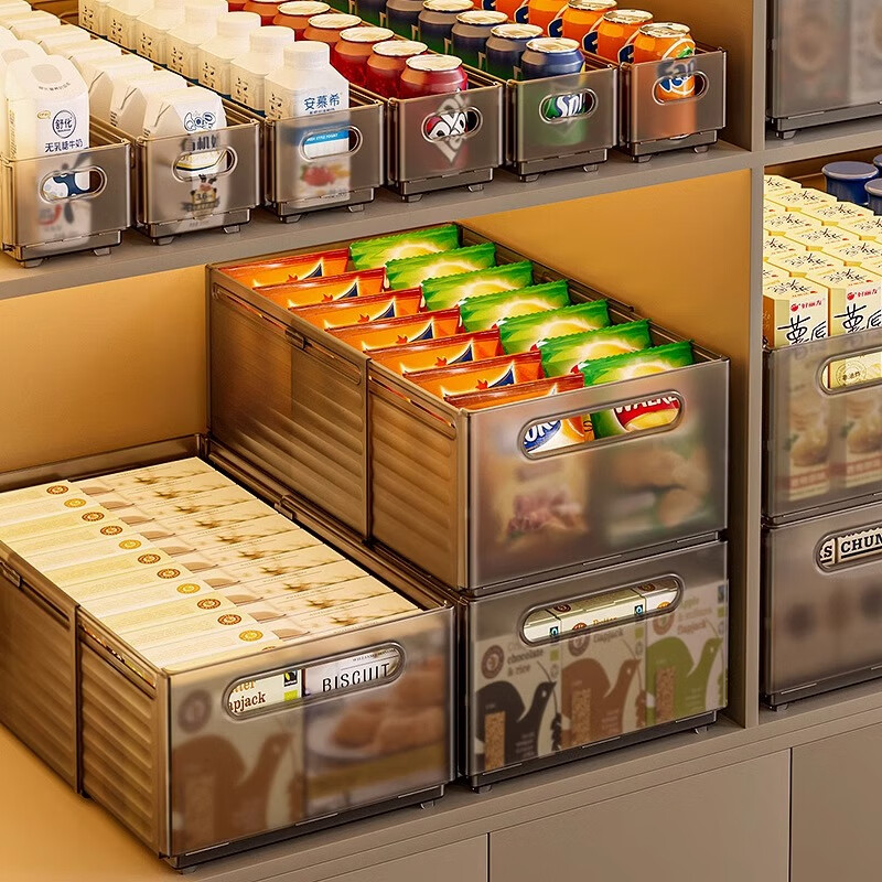 Straw Bear retractable cabinet storage box kitchen organization box desktop snack drawer type glove box deep cabinet right angle storage box transparent tea extra large 3 pack retractable