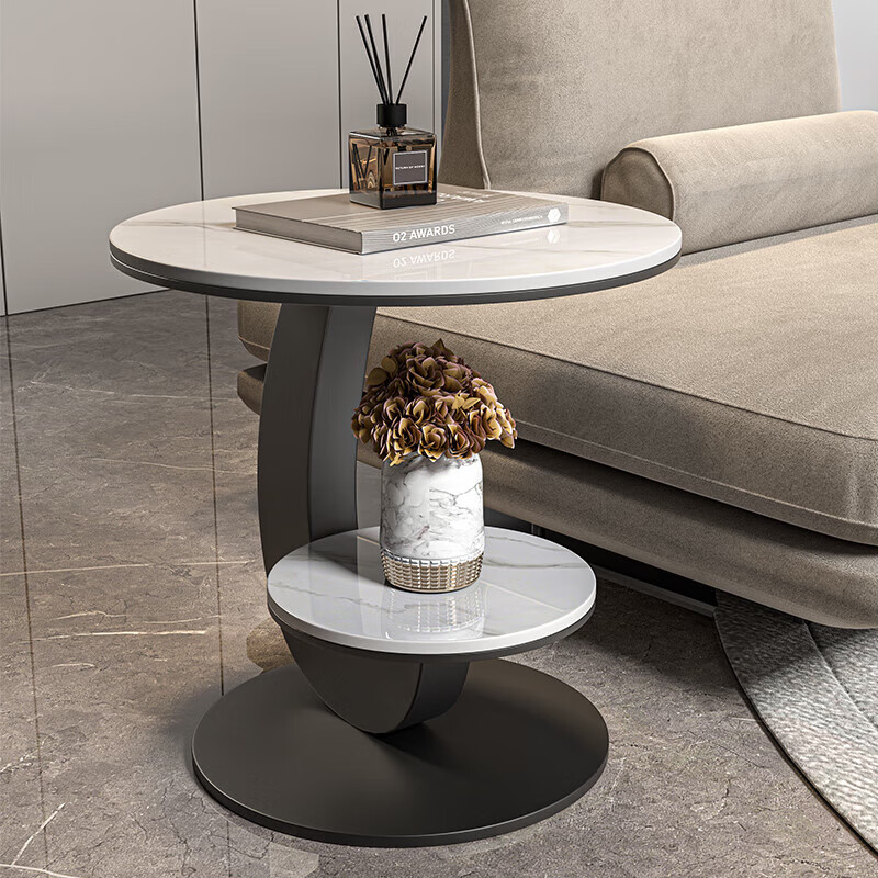Linjie modern minimalist side table living room mobile mini coffee table round side table slate sofa next to small table high-end silver frame glossy fish belly white (50*50)
