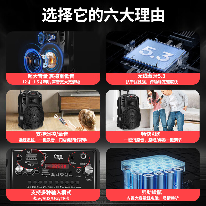 Newman N509 Square Dance Audio Mobile Home Outdoor Karaoke Bluetooth Speaker Trolley Portable Heavy Bass Large Volume Super Long Battery Life with Microphone 12 Inches