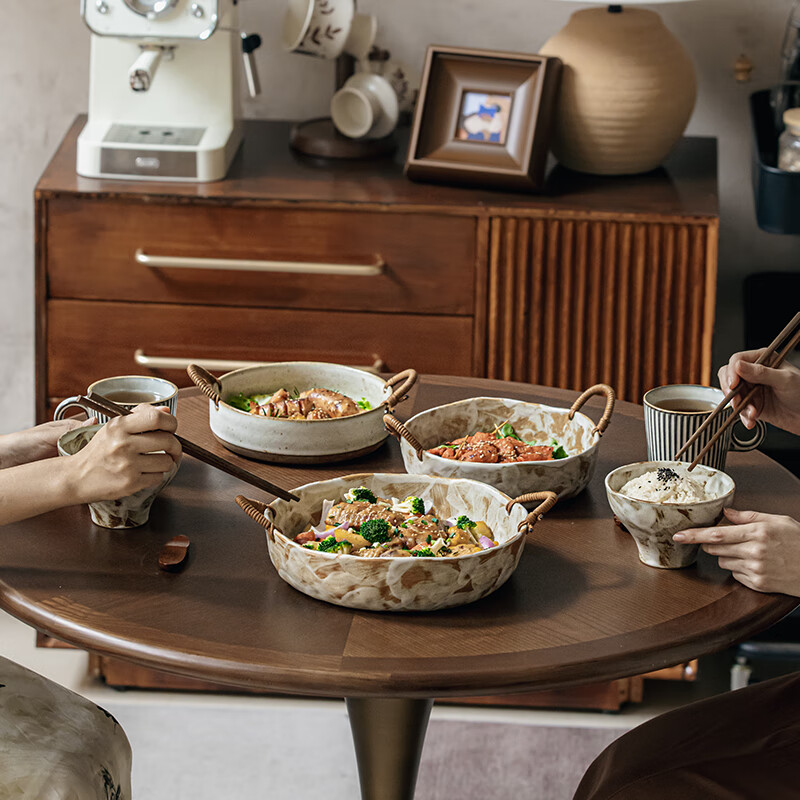 Youcci Nostalgic Handmade Stoneware Characteristic Hemp Rope Double-Eared Bowl, Retro Ceramic Bowl, New Home Bowl, Good-looking Fruit Bowl, Machi-10 Inch Hemp Rope Stoneware Double-Eared Bowl