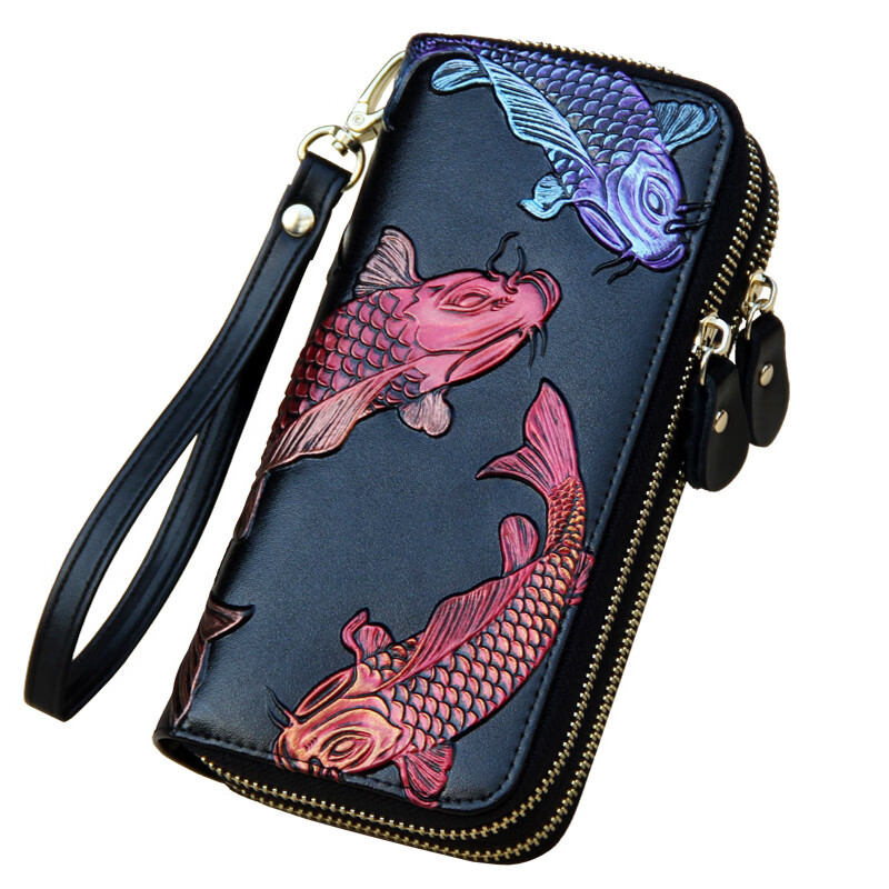 SHARELOVE cowhide lucky women's wallet long double zipper wallet genuine leather large-capacity hand mobile phone bag for the holidays to give to mom Golden Koi