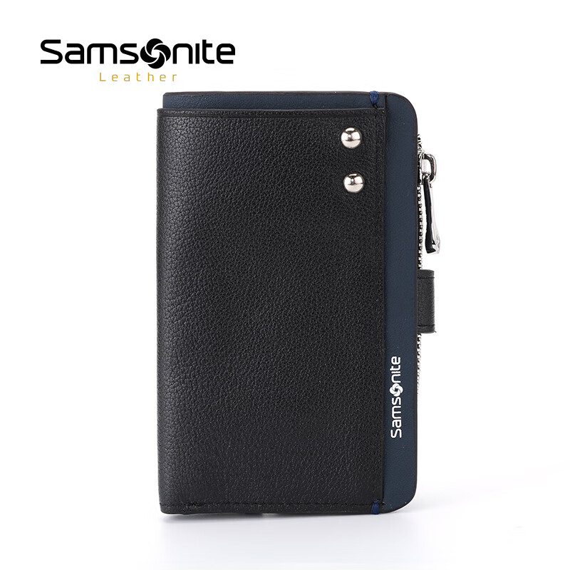 Samsonite key bag, unisex cowhide storage bag, business card bag, coin purse, ID bag, gift bag, TK7 black + dark blue