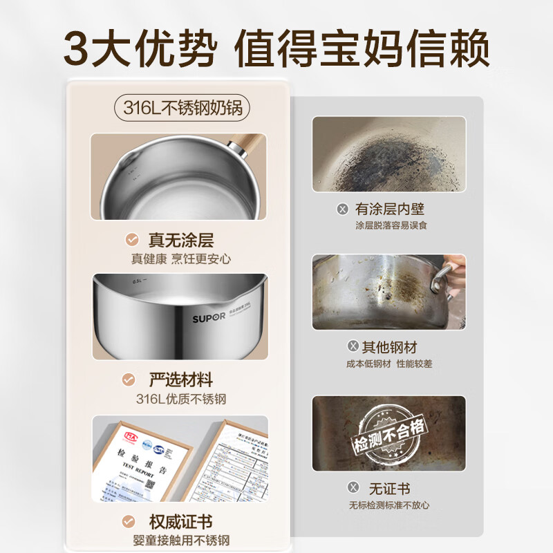 Supor baby-grade 316L stainless steel milk pot, instant noodle stew hot pot, multi-function, open flame induction cooker, universal thickened 18cm