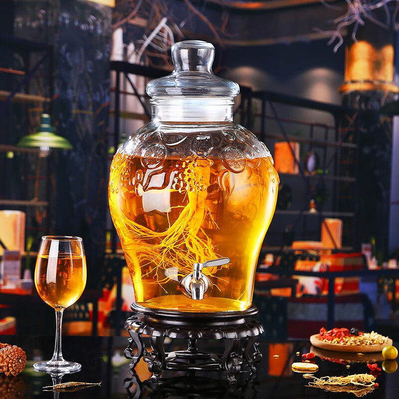 Shen Ping Eight Glass Lead-free Plus Household Wine Jar Glass Soaking Wine Bottle Faucet Soaking Wine Container Wine Jar Brewing Medicinal Wine Bottle Wine Cylinder 12 Jin General + Copper Faucet + High Base 6L