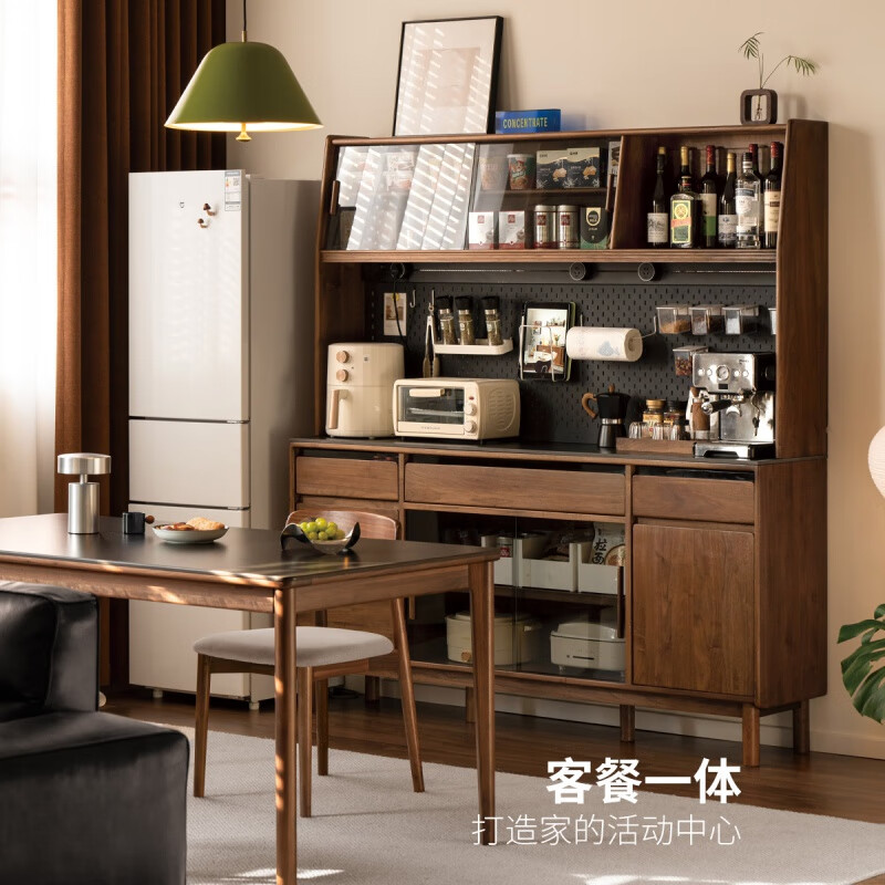 Genji Muyu solid wood sideboard black walnut light luxury storage cabinet restaurant home slate storage cabinet 1.5m sideboard + shelf + bull power rail