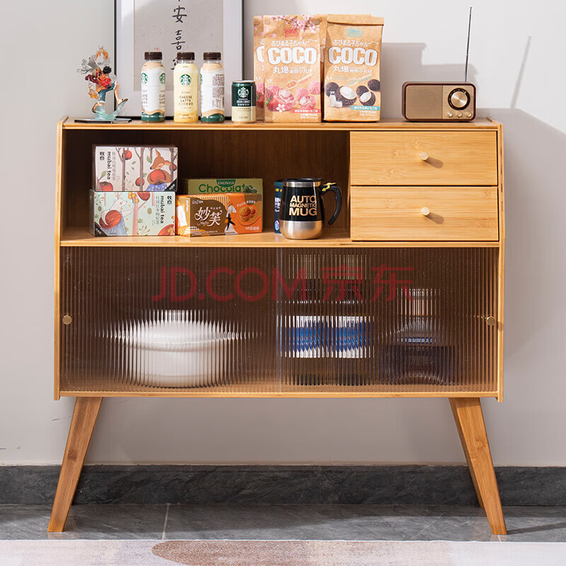 Bamboo Qianbiannan bamboo sideboard home living room storage cabinet kitchen cupboard tea cabinet wall wine cabinet storage multi-functional storage original color 68 long high foot sideboard