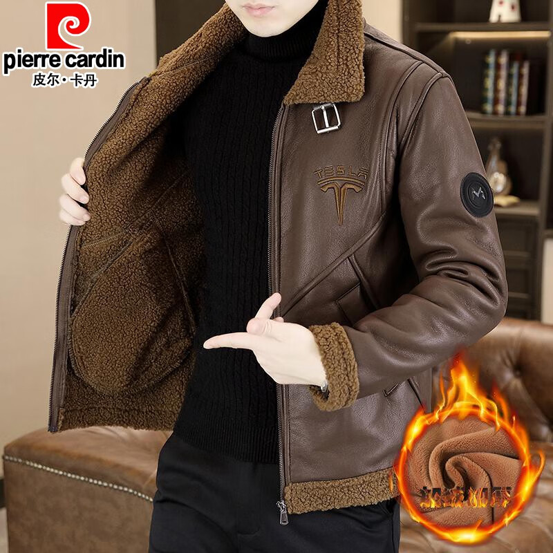 Pierre Cardin winter fleece jacket men's fur collar jacket men's short windbreaker thickened warm fur all-in-one leather jacket winter black M