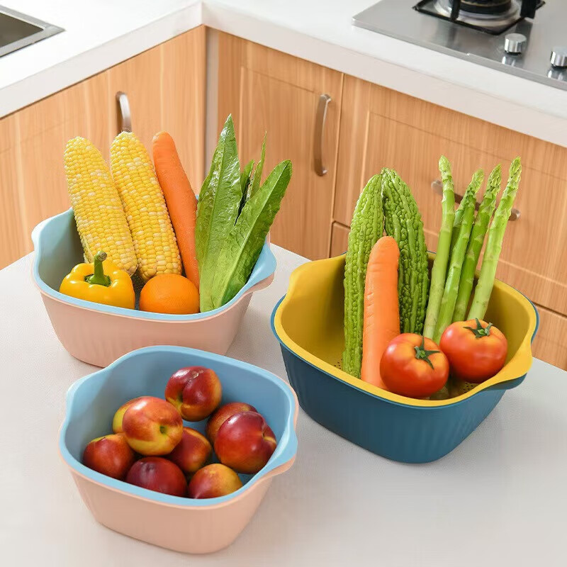 Haofanjie double-layer vegetable sink drain basin basket vegetable basket fruit basket kitchen utensils fruit basket fruit basin double-layer contrasting dark green medium size