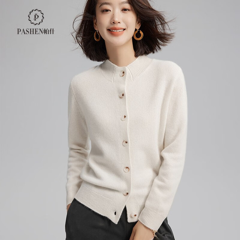 Pash Cashmere Sweater Women's Cardigan Half Turtle Collar 100% Cashmere 7-needle Thick Knitted Jacket PS-71 Bordeaux Red L (110-130 catties)