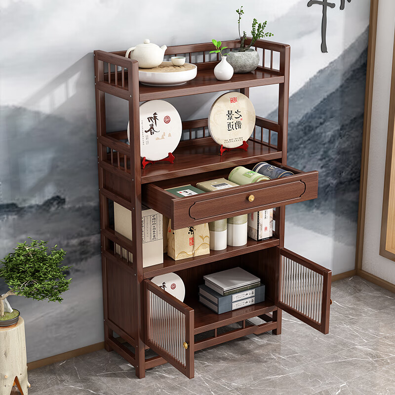 Bamboo Youjia Bogu rack multi-layer tea rack storage rack tea cabinet tea room ornaments display rack new Chinese style Duobao Pavilion tea set rack walnut color four layers with door and drawer 68 long storage rack