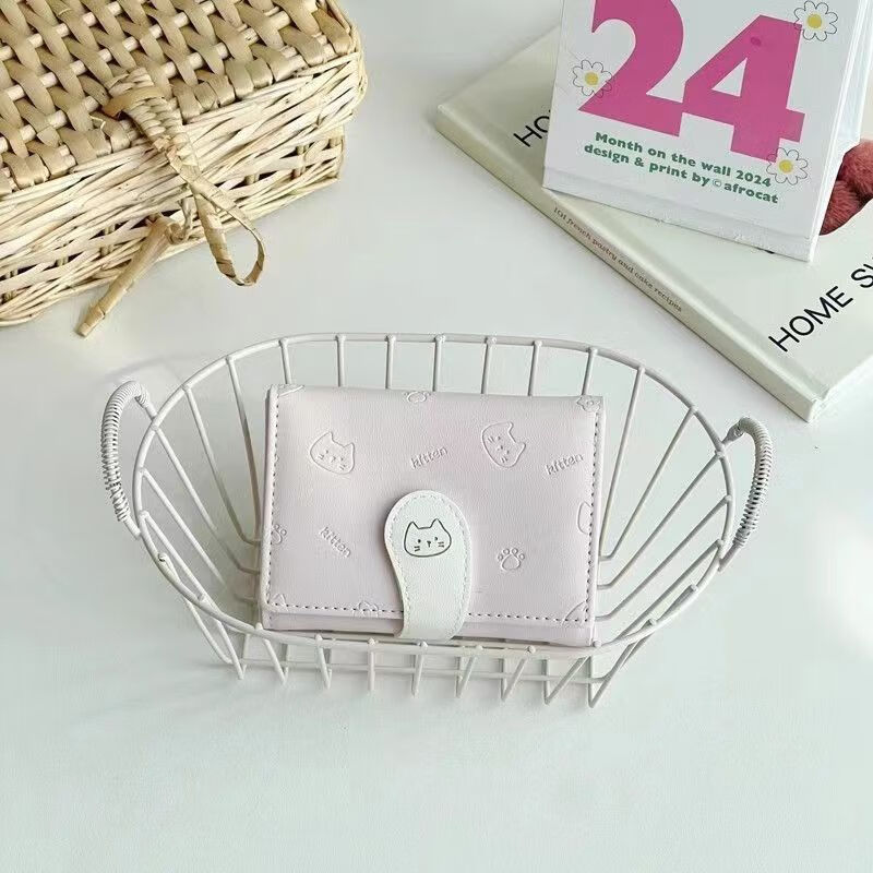 Miaoyijia Wallet Women's Coin Purse Card Holder Women's 2026 New Student Cute Fashion Folding Small Fresh Portable Short Cat Buckle Tri-fold Wallet Pink