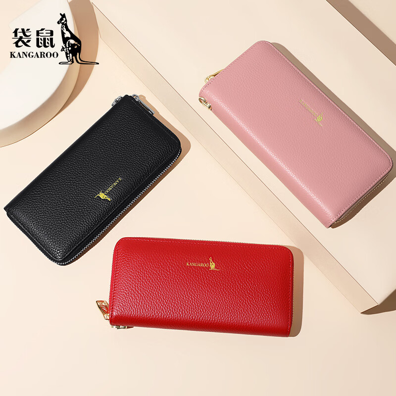 Kangaroo Wallet Women's Long Cowhide Zipper Clutch 2026 New Women's Genuine Leather Simple Korean Style Women's Clutch Red