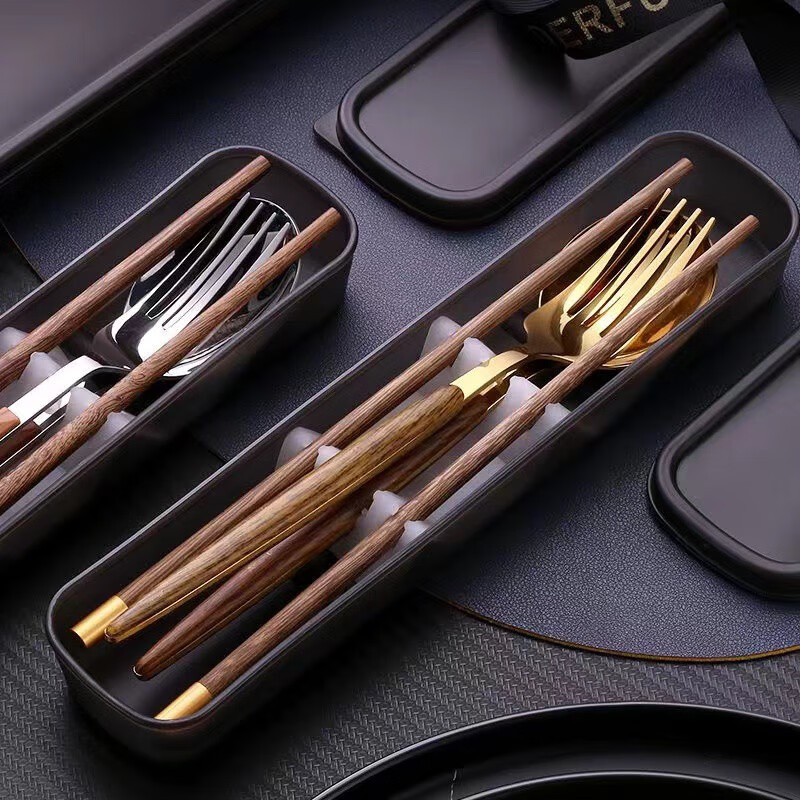 Saint-Bile stainless steel portable tableware creative imitation wood grain spoon chicken wing wood chopsticks 2-piece set Portable spoon chopsticks 2-piece set