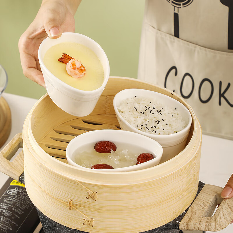 Muziqiu ceramic steaming bowl with lid, baby stew pot, small steaming cup, water-proof steamed egg, steamed rice, stewed egg, steamed egg custard special bowl, egg-shaped high-temperature ceramic bowl * 3 pieces