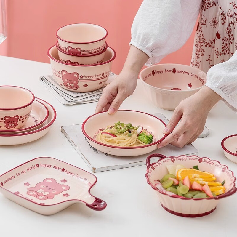 Persson cartoon high-looking bowl and plate set household ceramic dishes and tableware cute one person rice bowl plate couple bowls and chopsticks 2 people food 8 pieces