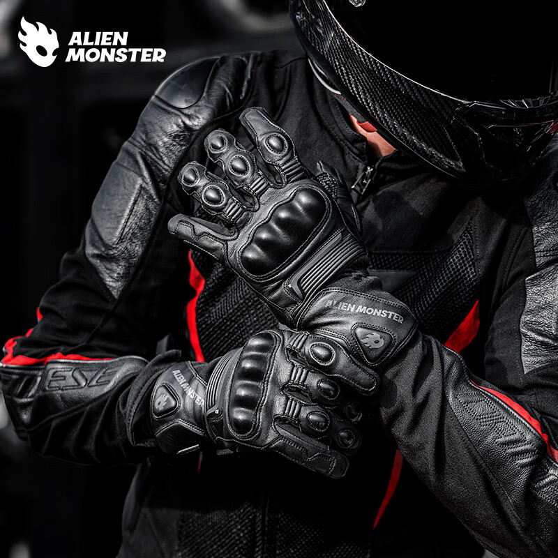 Alien Monster Wind Riding Motorcycle Gloves Winter Riding Plus Velvet Waterproof Warm Genuine Leather Motorcycle Windproof and Coldproof Touch Screen Black S