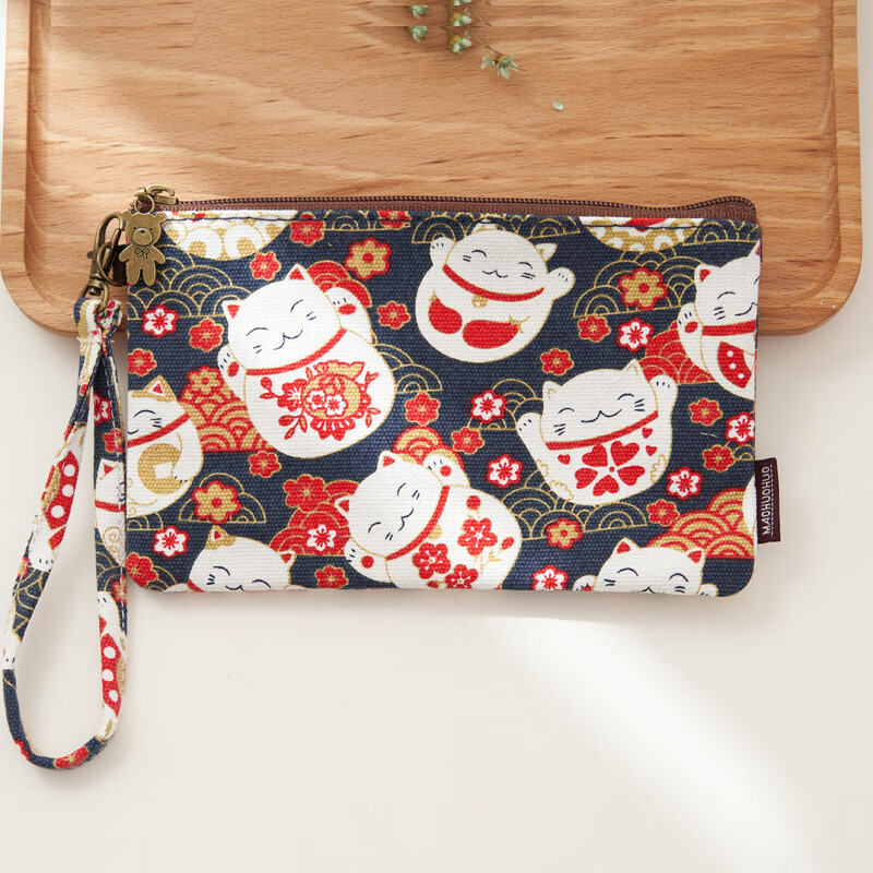 SHU GUO ER Coin Purse Clutch Wallet Women's Mobile Phone Handbag Cartoon Fabric Wallet Small Canvas Storage Bag Coin Bag Lucky Cat (Japanese Style)