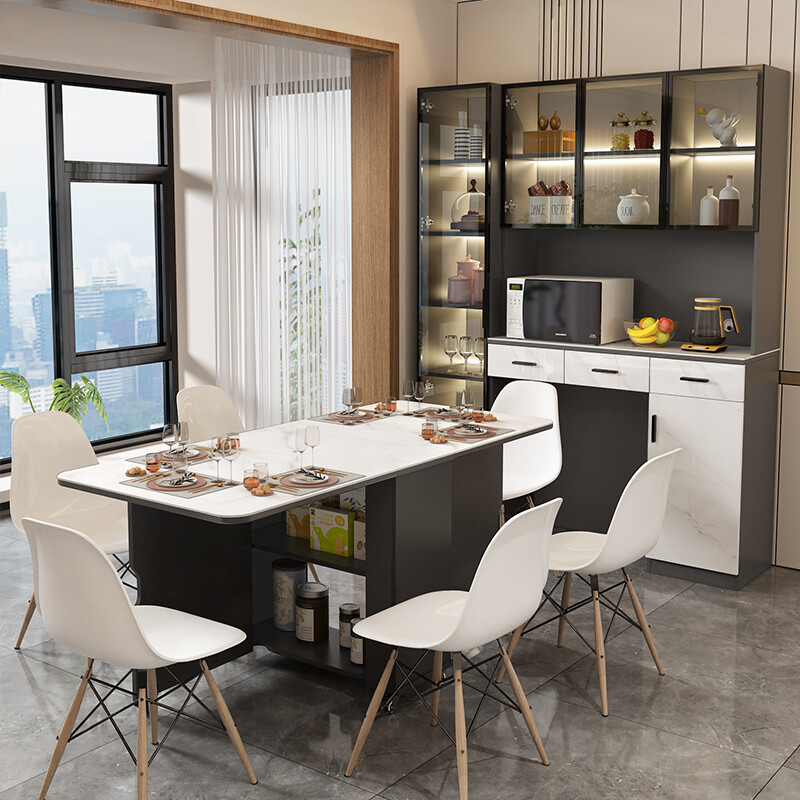 Qiangxiang light luxury slate sideboard dining table integrated wall high cabinet home living room dining room folding table wine cabinet custom G87 style 9 2000*420*2100 with lights double door