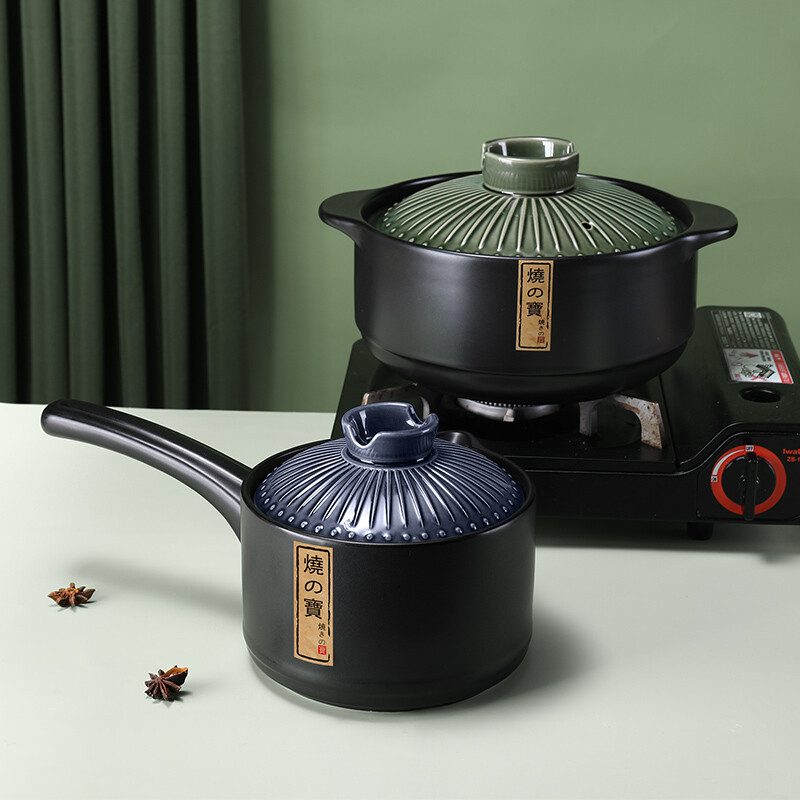 Pottery King single-handled casserole dry-fired non-cracking soup stew pot porridge small size 1-2 people long-handled ceramic milk pot with handle blue stripe single-handled milk pot 1.5L