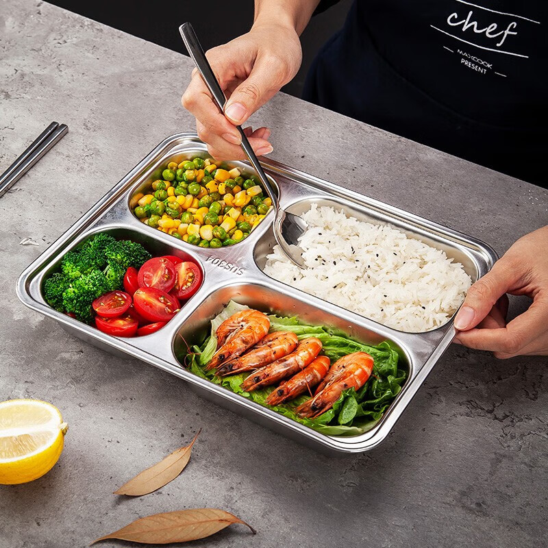 Maxcook 304 stainless steel dinner plate lunch box compartments large thickened and deepened fast food plate student lunch box dormitory canteen lunch box 4 compartments MCFT168