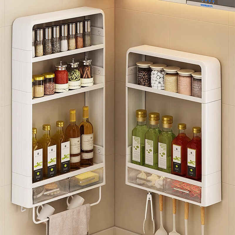Youqin kitchen rack multi-functional condiment shelf wall-mounted sauce and vinegar seasoning jar storage box three layers