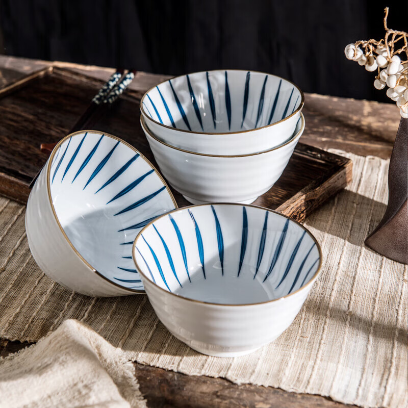 Yijia (IJARL) ceramic rice bowl with tall legs, underglaze color rice small bowl, small soup bowl, household bowl, orchid grass 4.5-inch rice bowl, 4-pack