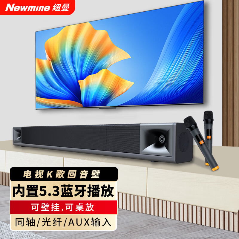 Newmine Echo Wall Audio TV Audio Home Theater Karaoke Audio Home Living Room Speaker Wall Mount Audio Sound Bar Double Wheat Version