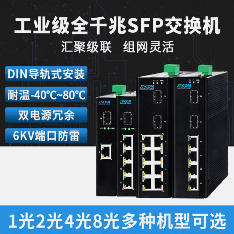 Industrial grade switch 5 ports 1 optical 1/2/4/8 electrical 2 optical guide rail Gigabit SFP fiber optic transceiver DC24V power supply 1 Gigabit 4 optical 8 electrical SFP switch