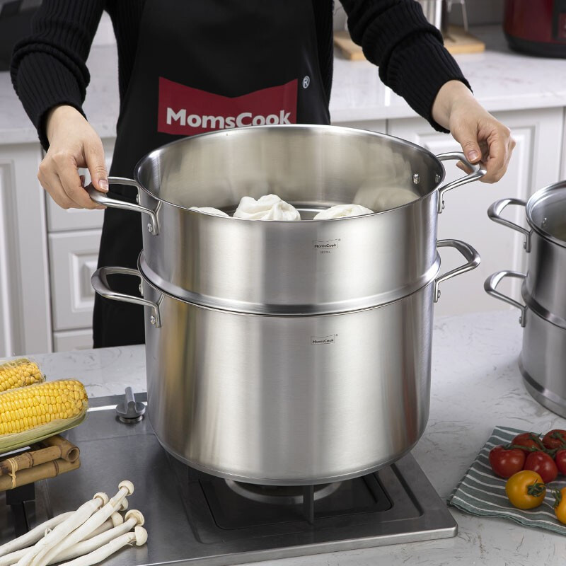 Momscook stainless steel steamer 34cm large steamer single layer double layer steamer 304 induction cooker gas universal (TL3421ST2) double layer steamer - 34cm