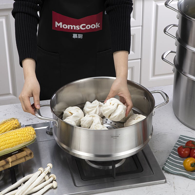 Momscook stainless steel steamer 34cm large steamer single layer double layer steamer 304 induction cooker gas universal (TL3421ST2) double layer steamer - 34cm